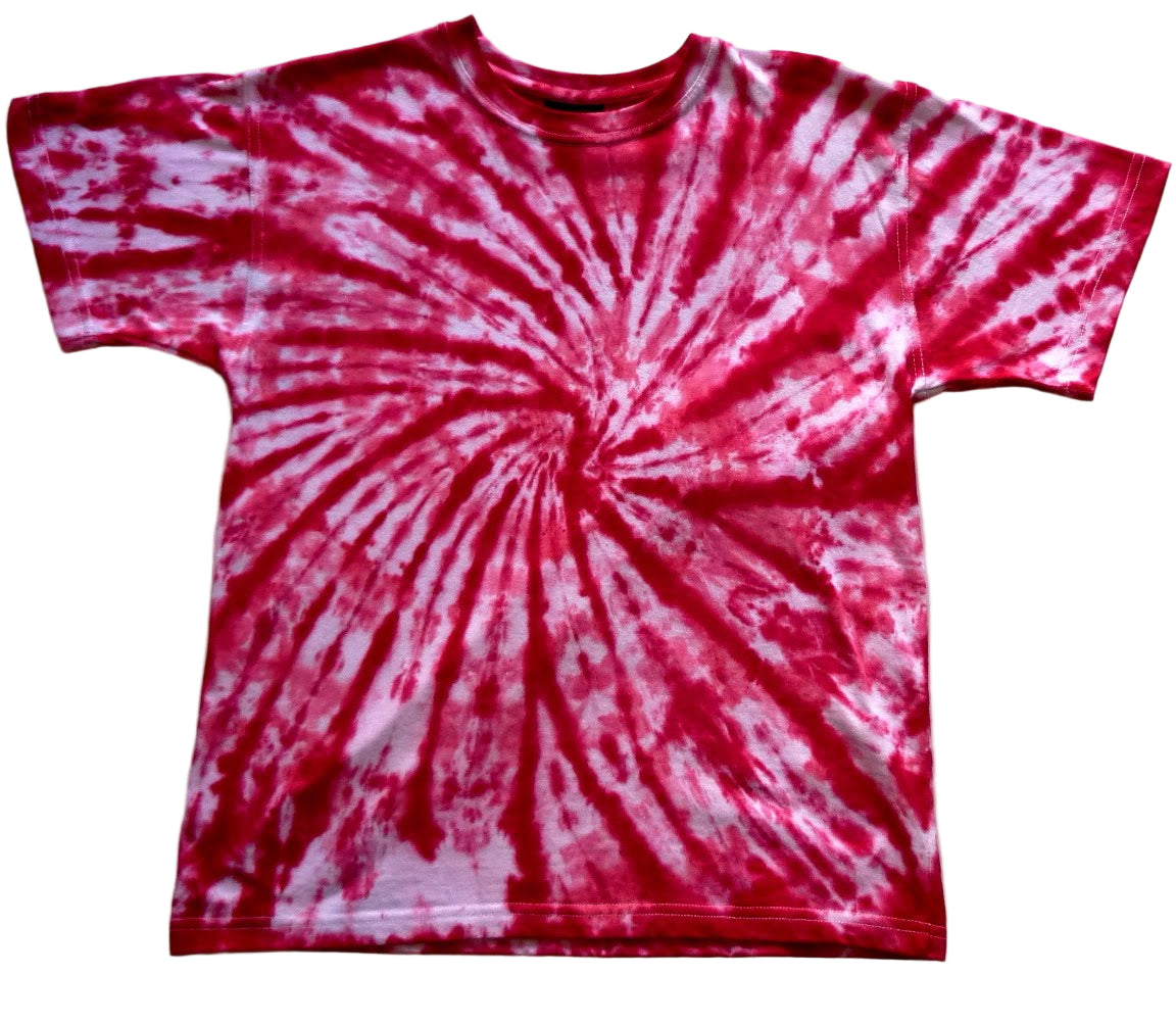 Tie-dye t-shirt with red and white spiral pattern