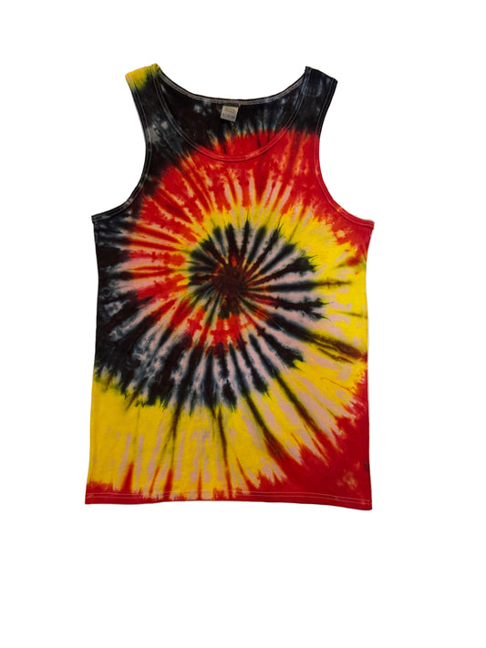 Black/Red/Yellow Spiral Tie Dye Singlet - Adults